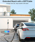 Level 1 And Level 2 Tesla Charger With 25 Ft Nacs Mobile Connector for home EV charging, shown charging a Tesla car.