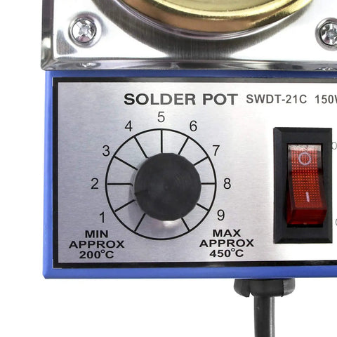 Close-up of Pro Grade Electric Solder Pot 150W 110V control dial showing temperature settings from 200 to 450°C with power switch.