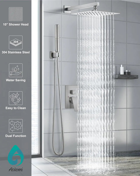 High Pressure Shower System With 2 In 1 Handheld Sprayer Wall Mounted Fixture Rough In Valve 10 Inch Brushed Nickel Shower Head Rain and Handheld Combo 304 Stainless Steel Construction showing water flow