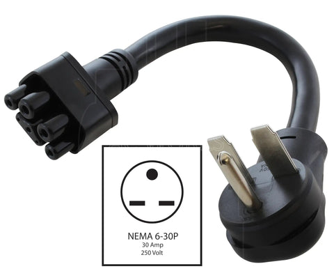 Solid Heavy Duty Ev Charging Adapter Designed For Tesla Level Two Hookups With Nema 6 30P Pigtail Plug showing connector detail.