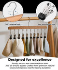 Straight Up Sturdy Wooden Closet Organizer Pack With Heavy Duty Metal Hanging Clips For Maxing Out Vertical Wardrobe Space And Ditching Daily Clutter. 360° rotating hook with silicone clips holding various garments.