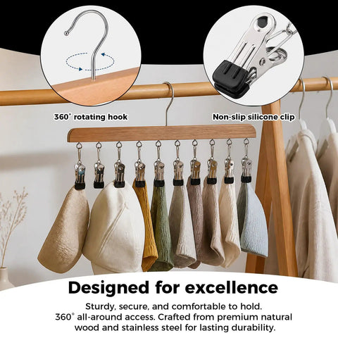 Straight Up Sturdy Wooden Closet Organizer Pack With Heavy Duty Metal Hanging Clips For Maxing Out Vertical Wardrobe Space And Ditching Daily Clutter. 360° rotating hook with silicone clips holding various garments.