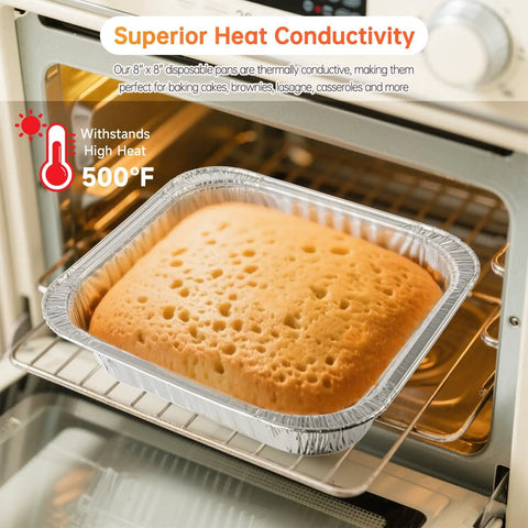 20 Pack 8x8 Aluminum Pans With Lids For Baking Roasting And Reheating Heavy Duty Square Foil Pans in oven with cake.