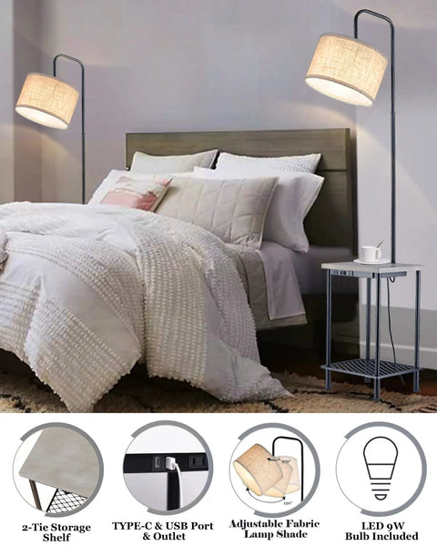 Rustic Cozy Solid Wood End Table Floor Lamp With Built In USB Type C Port And Electrical Outlet beside a bed