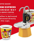 Mini Express Pop Art Series Moka Pot Coffee Maker Set For Two With Dual Glass Shot Cups Vibrant Yellow Aluminum, shown with coffee delivery.