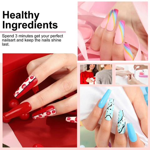 All In One Gel Nail Kit With UV Lamp And Drill Starter Kit 36 Colors Gel Polish Set showing diverse nail designs on hands.