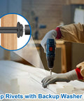 Black Pop Rivets With Washers Kit used by person with rivet gun on wooden panel, includes close-up of rivet installation