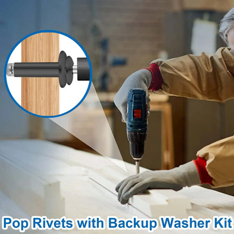 Black Pop Rivets With Washers Kit used by person with rivet gun on wooden panel, includes close-up of rivet installation