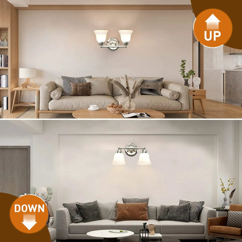 Two Light Chrome Vanity Wall Sconce Lighting With Frosted Glass Shade in Living Room