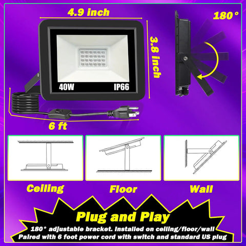 4 Pack 60W LED Black Light Flood Lights With Plug And Switch IP66 Waterproof Outdoor Stage Lighting For Dance Parties Neon Posters Body Paint Fluorescent Glow With Beast Brightness Beams Wide 120 Degree Durable Tempered Glass Lens