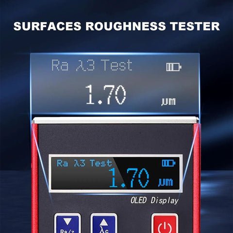 Close-up of Roughness Tester Meter Profilometer With Data Storage And OLED Display showing Ra measurement reading of 1.70 µm.