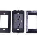 Heavy Duty Black USB Wall Outlets 4 In 1 Receptacles with dual 2A ports and screwless plate, three pieces displayed together.