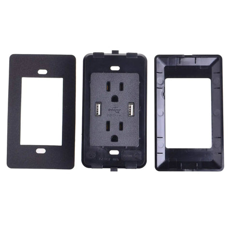 Heavy Duty Black USB Wall Outlets 4 In 1 Receptacles with dual 2A ports and screwless plate, three pieces displayed together.