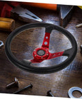 Universal 14 Inch Red PU Steering Wheel With Horn Button For Car Golf Cart And Racing Simulator Boss Grade Performance Wheel Replacement With Aluminum Alloy Rim Plug And Play Fit For Smooth Responsive Control on workbench