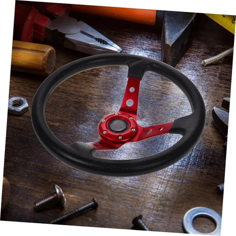 Universal 14 Inch Red PU Steering Wheel With Horn Button For Car Golf Cart And Racing Simulator Boss Grade Performance Wheel Replacement With Aluminum Alloy Rim Plug And Play Fit For Smooth Responsive Control on workbench