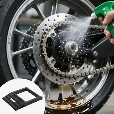 Heavy Duty Motorcycle Wheel Roller Cleaning Stand For Tire And Chain Cleaning Aluminum Bike Roller Stand 600 Lbs Capacity 7 Inch Tire Width Black Ideal Garage Tool For Quick And Easy Cleanup with motorcycle tire and cleaning spray shown.