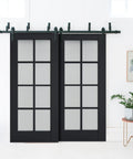 Barn Style Sliding Closet Doors 48 By 96 Inches With Antracite Frosted Glass, Heavy Duty 6.6 Ft Rails Hardware Kit, Solid Wood Bedroom Wardrobe Bypass Doors For Modern Closets