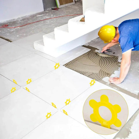 Worker using 200 Pack 6 In 1 Hexagon Tile Spacers For DIY Pros, 1mm To 5mm Gaps, Large 2.64 Inch Reusable Plastic Tile Leveling Shims, Yellow.