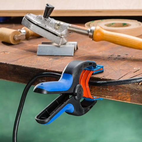 Medium Bandy Clamps Set For Woodworking With Easy Squeeze One Handed Operation, nylon hand grips, holding edge of workbench