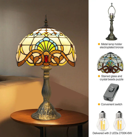 Tiffany Style Yellow Stained Glass Table Lamp With LED Bulbs, Vintage Baroque Desk Lamp For Bedroom Living Room And Home Office, 12x12x19 inches, metal base and multicolor shade on a wooden table with warm glow.