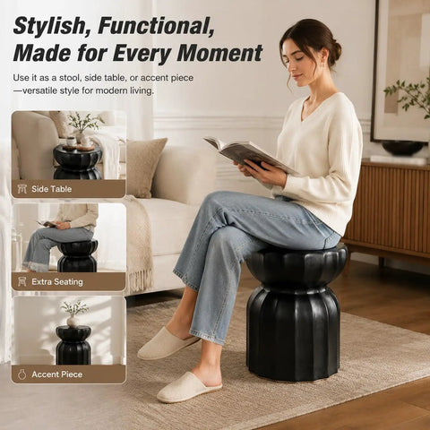 Chinese Style Ceramic Garden Stool And Drum Side Table For Patio, decorative black ceramic accent piece with waisted design.
