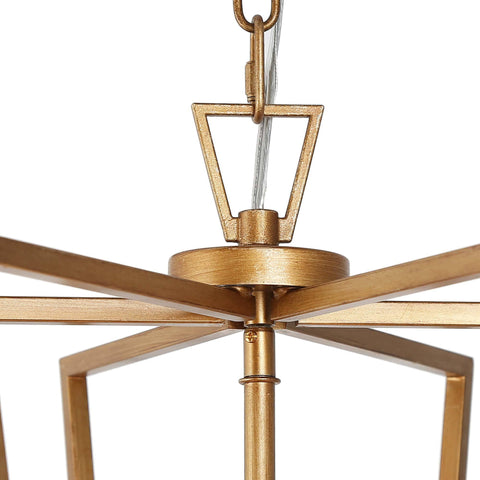Close-up of an antique brushed gold finish on a Gold Chandelier With Rotatable Geometric Frames, 4 Light Modern Lantern Pendant.