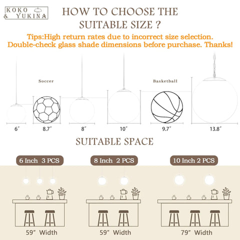 Size guide for pendant lights, comparing diameters from 6 to 13.8 inches, suitable space for different sizes in kitchen settings.