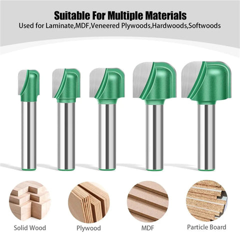 Heavy Duty 8mm Shank Solid Carbide Round Nose Router Bit For Woodworking CNC Bowl Tray Milling Cutter set of five bits.