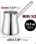 Go-To Turkish Coffee Pot Cezve Ibrik Briki Stainless Steel Stove Top Pot 16.9 Oz dimensions and handle view