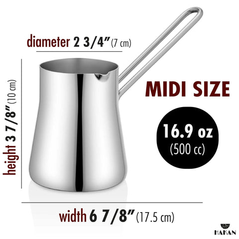 Go-To Turkish Coffee Pot Cezve Ibrik Briki Stainless Steel Stove Top Pot 16.9 Oz dimensions and handle view
