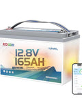 Heavy Duty 12V Lithium Battery 165Ah Deep Cycle Packs 1200 CCA Kicking Crank Power Dual Purpose Group 31 Marine And RV Setup, showing battery details.