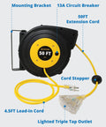 Beefed Up 50 Ft Retractable Extension Cord Reel With 14 3 AWG SJTOW Power Cord Lighted Triple Tab Outlet 4.5 Ft Lead In Swivel Wall