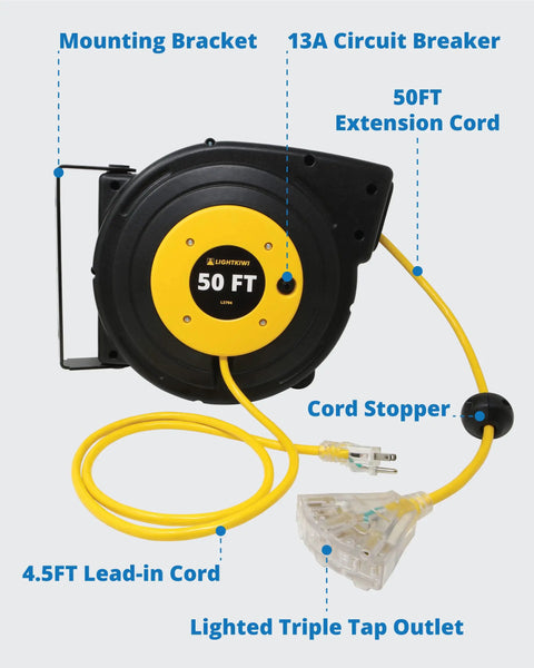 Beefed Up 50 Ft Retractable Extension Cord Reel With 14 3 AWG SJTOW Power Cord Lighted Triple Tab Outlet 4.5 Ft Lead In Swivel Wall