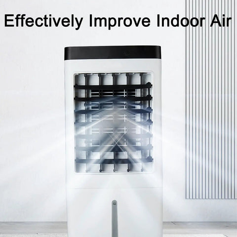 Portable Evaporative Swamp Cooler With Dual Ice Packs And Spacious Ten Liter Water Tank To Slash Utility Costs And Kick Some Summer Heat Leaving You Breezy Indoors Or Outdoors With Gentle Sweep Settings, front view showing air flow.
