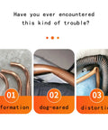 VgtHK Mini Cordless Copper Tube Bender Machine Handheld Electric Pipe Bending Tool Kit demonstrating example bends labeled deformation, dog-eared, and distortion.