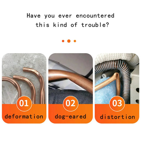 VgtHK Mini Cordless Copper Tube Bender Machine Handheld Electric Pipe Bending Tool Kit demonstrating example bends labeled deformation, dog-eared, and distortion.