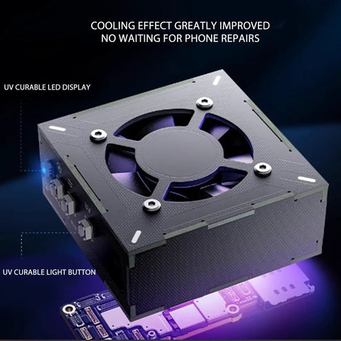 High Speed Solder Fume Extractor With UV Curing And Cooling Function 10000 RPM Welding Ventilator shown with UV light feature.