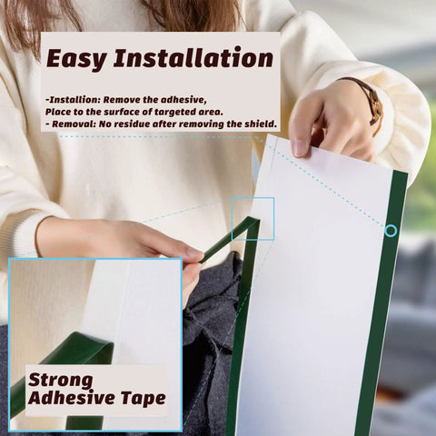 Woman demonstrating easy installation of Two Pack Clear Door Hinge Protectors Baby Finger Pinch Guards with strong adhesive tape.