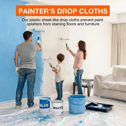 Family painting living room on a tarp, Clear Plastic Drop Cloths 10 Pack 9x12 Ft Tarp For Painting Protect Furniture Floors