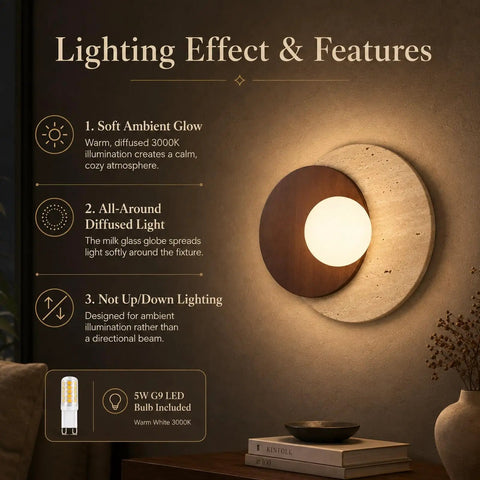 Lighting effect of Travertine Wall Sconce Hardwired Glass Globe Wood Modern Japandi Wabi Sabi casting a soft glow.