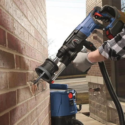 SDS Max Shank Rotary Hammer Chisel Set With 16 Inch Shank Point And Flat Carbide Chisels used on brick wall, 2-piece kit.