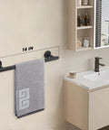 Matte Black 16 Inch Stainless Steel Bath Towel Bar Rack Wall Mounted With 13 Inch Usable Hanging Space in a modern bathroom