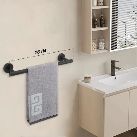 Matte Black 16 Inch Stainless Steel Bath Towel Bar Rack Wall Mounted With 13 Inch Usable Hanging Space in a modern bathroom