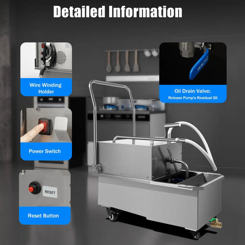 Detailed view of Heavy Duty 55L Commercial Fryer Oil Filter Machine 8.45 Gpm with controls and oil drain valve in a kitchen.