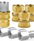 Front view of 8-pack brass and stainless steel 3/8 in NPT pressure washer quick-connect fittings