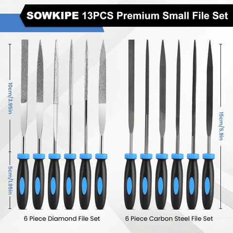 13 Piece Premium Small File Set With Diamond And Steel Files Cleaning Brush And Carrying Case For Wood Plastic Jewelry Leather And DIY Projects Pro Grade Hand Tool Kit For Fast Precise Filing showing diamond and steel file set