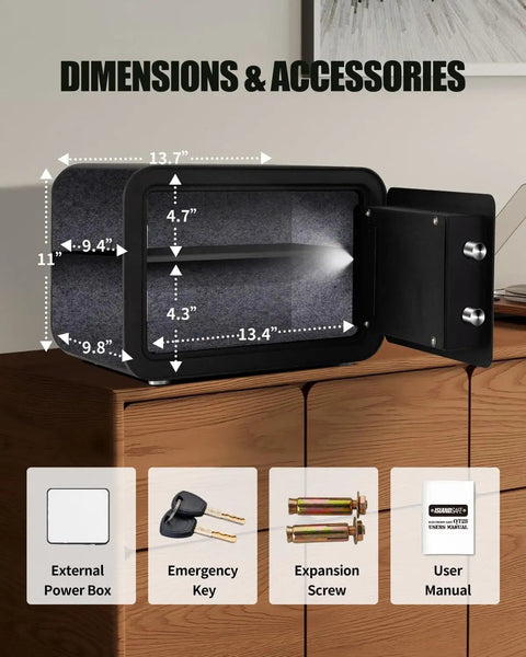 Heavy Duty Solid Steel Digital Safe With Keypad One Cubic Foot Personal Security Lock Box For Money Jewelry Valuables Ideal For Home Office Dorm And Hotel Black. Image shows safe dimensions and accessories.