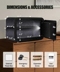 Digital Safe Box For Home And Office With Electronic Keypad And Override Key 0.8 Cu Ft open with accessories and dimensions shown.