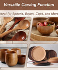 Rugged Reliable Hook Knife With Leather Sheath For Wood Carving Sweet Precision Spoon And Bowl Gouge Kit shown with handcrafted wooden utensils.