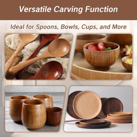 Rugged Reliable Hook Knife With Leather Sheath For Wood Carving Sweet Precision Spoon And Bowl Gouge Kit shown with handcrafted wooden utensils.